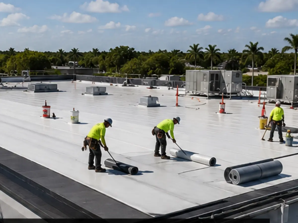 Professional roofing crew installing a white flat-roof membrane system